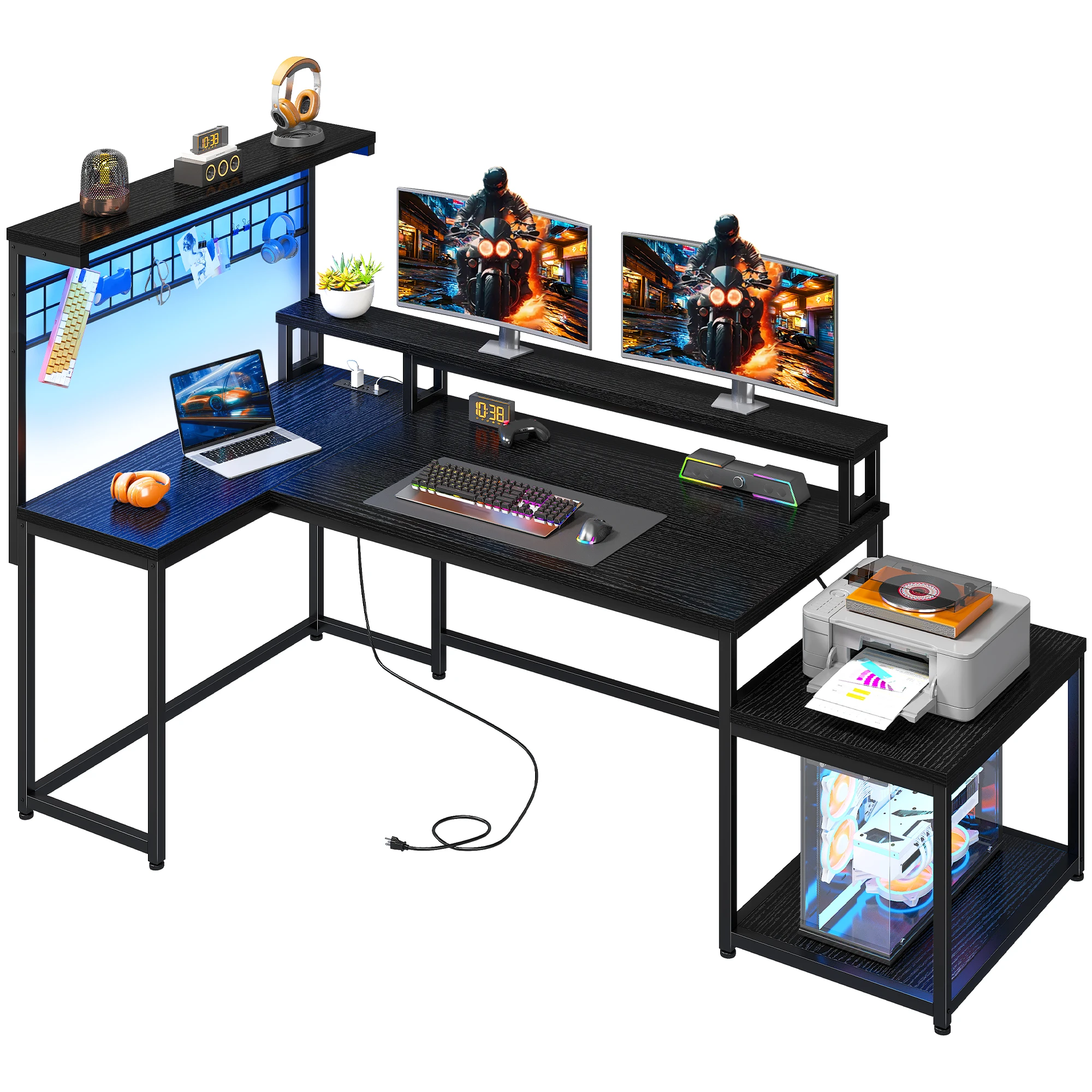 63.5"W L Shaped Gaming Desk with Power Outlets, LED Lights, Monitor Stand & Shelves for Home Office
