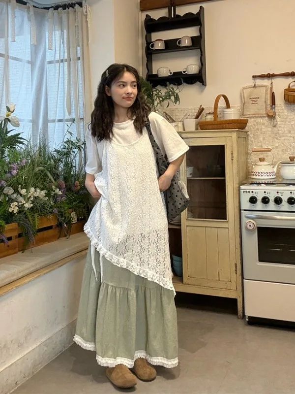 

Женское платье больших размеров в нежном стиле с асимметричной кружевной отделкой, на бретельках, с завышенной талией, миди, модное летнее новое поступление