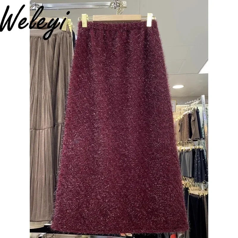 

Autumn Winter Socialite Burgundy Bright Silk Midi Skirt 2024 Temperament Women's Rear Split Straight Mid-length Skirts Female