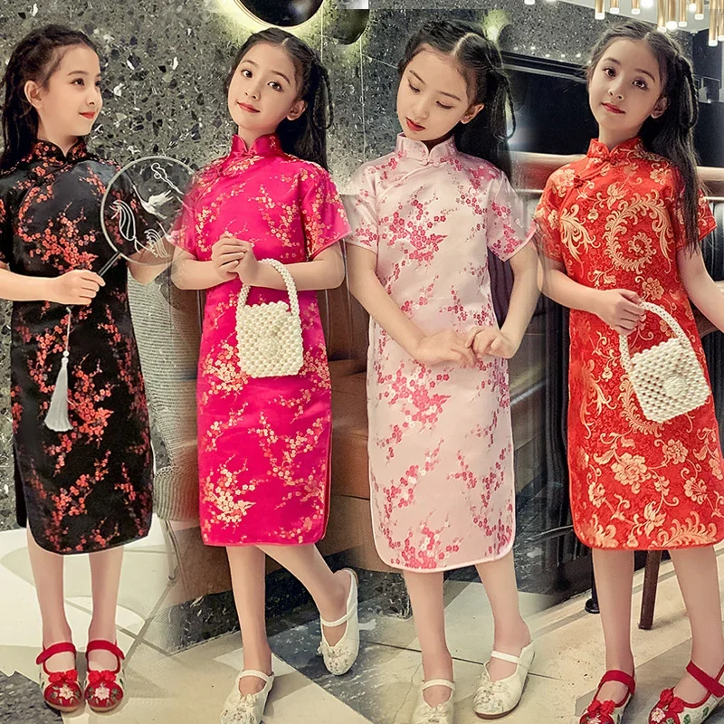 Nieuwjaar Chinese Traditionele Stijl Jurk Voor Kinderen Tang Qipao Jurk Meisje Hanfu Cheongsam Moderne Stijl Satijn Kleding