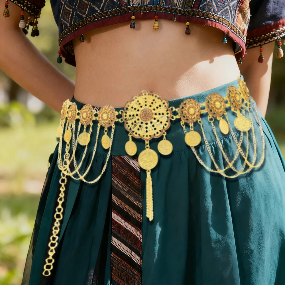 

Gold Plated Rhinestone Geometry Coins Tassel Waist Belly Chains Women's Body Jewelry Afghan Gypsy Traditional Ethnic Metal Belts