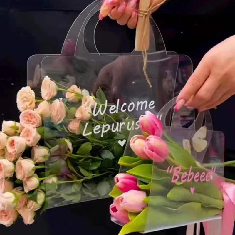 

New Transparent Flower Bag with Handle Fresh Flower Bouquet Wrapping Boxes Wedding Birthday Party Gift Rose Packaging Handbags
