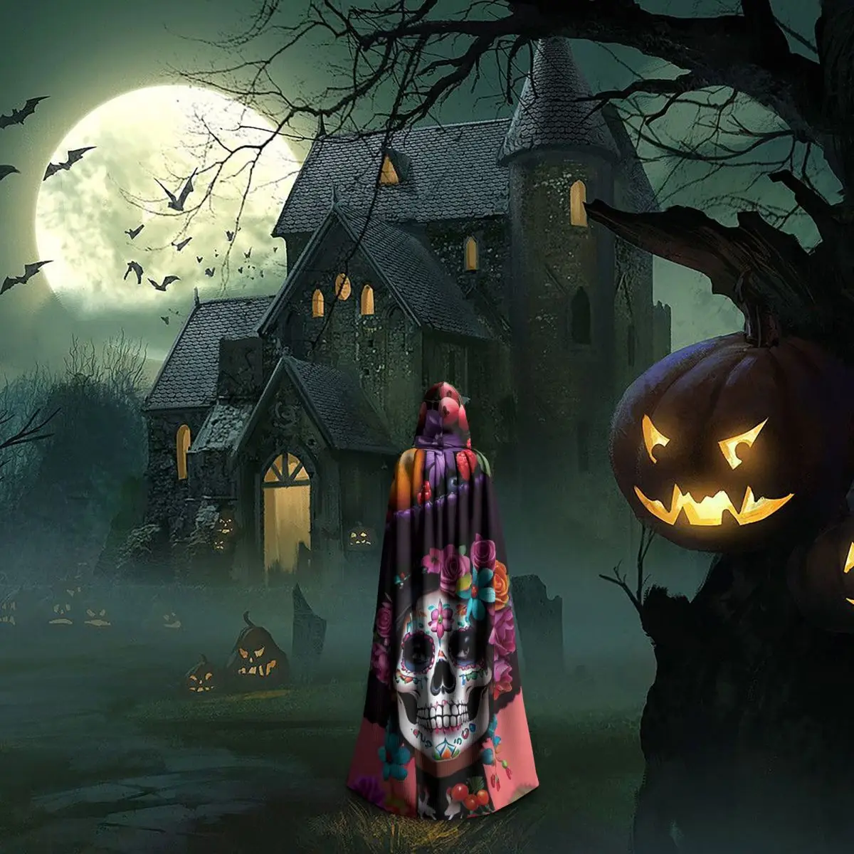 يوم الموتى السكر الجمجمة المكسيكي فتاة طويلة مقنعين عباءة الساحرة القرون الوسطى زي تأثيري كيب HalloweenParty الكبار للجنسين