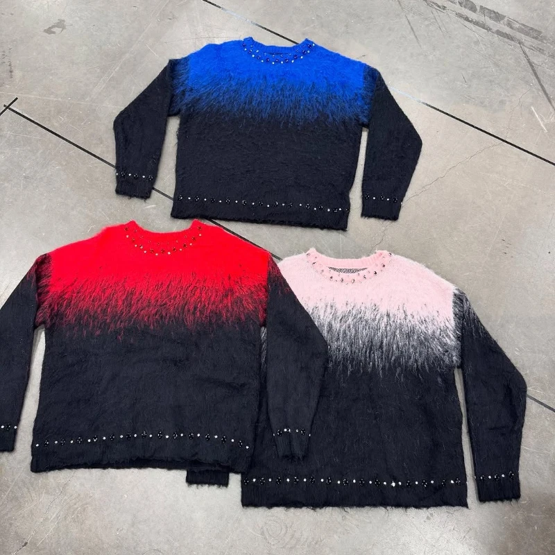 

Y2K Harajuku sweater loose gradient color fleece round neck lazy casualwear oversized fashionable Diamond studded unisex sweater