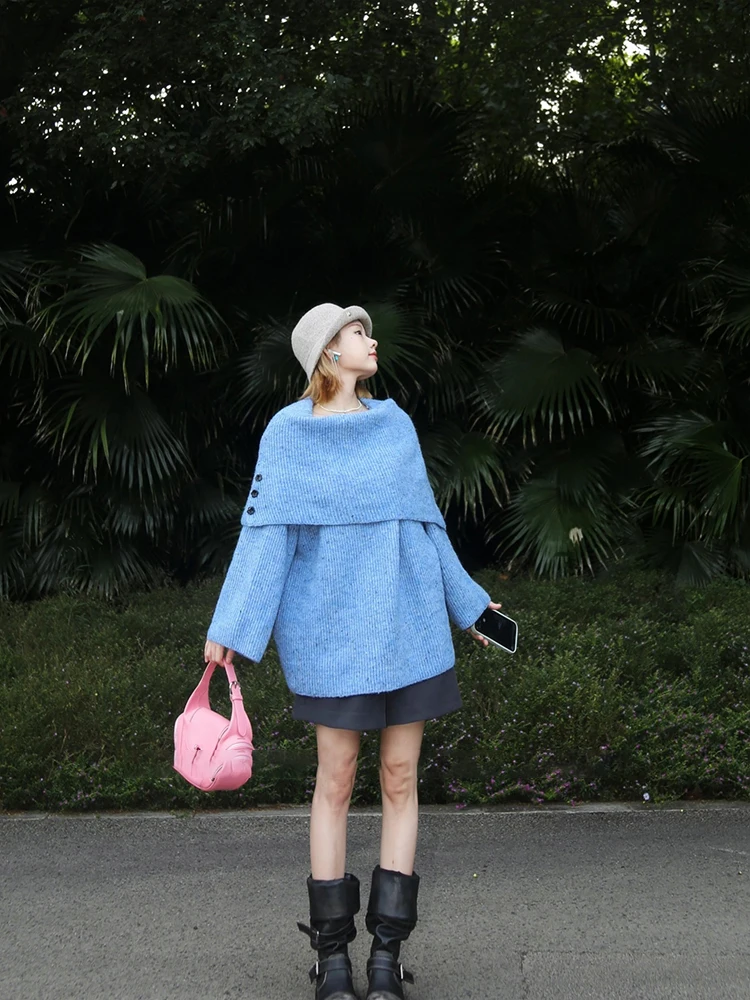 เสื้อสเวตเตอร์ไหมพรมคอปกใหญ่ทรงสลิมฟิต ป้องกันริ้วรอย สำหรับผู้หญิง ฤดูใบไม้ร่วง ฤดูหนาว สไตล์ลำลอง ความยาวปานกลาง