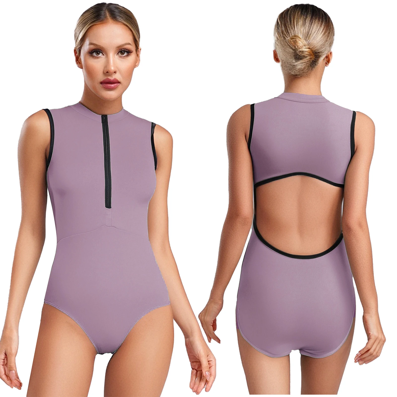 

Women Dance Leotard Yoga Workout Swimwear One-piece Sleeveless Front Half Zip Removable Cups Bodycon Bodysuit for Gymnastics