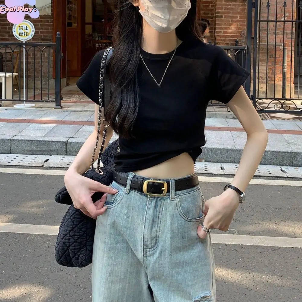 

Fashion Solid Color Short Sleeve T-shirt Slim Fit Chic Y2K Crop Top Sweet Korean Style Tees Shirts Women Streetwear