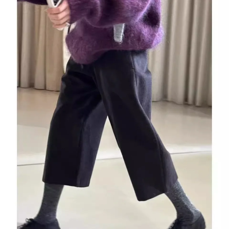 

Шерстяные брюки с высокой талией и широкими штанинами в стиле кэжуал, рабочие, для отдыха, в стиле Dongda Gate Amometo, удлиненные (7/8)