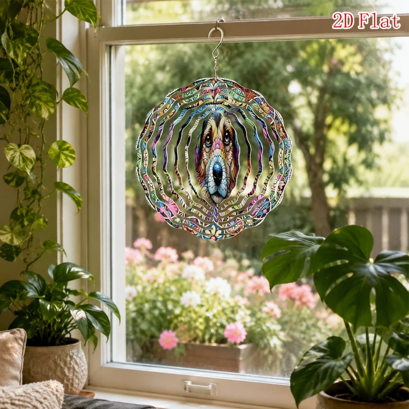 2D Flat Dandan Dog Pattern Metal 3D Rotating Wind Chime with Rotating Hook, Outdoor Garden and Patio Decoration