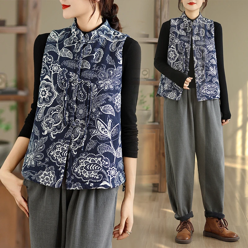 

Retro Chinese Sle Printed Jaet Women's Autumn Winter Cotton Warm Vest with Button Stand Collar All Match Outerwear