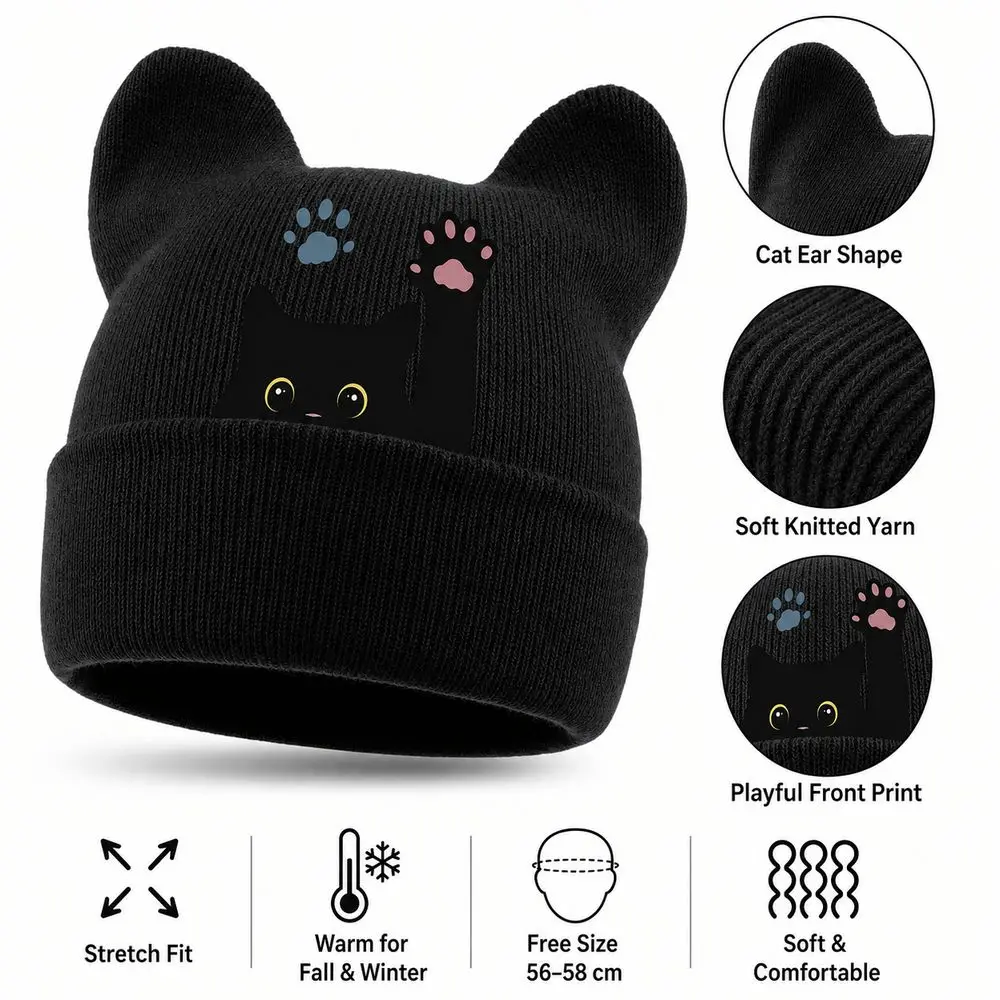 New Knit Cat Ear Beanie Hat Y2K Harajuku Stretchable Brimless Skull Cap Punk Gothic Winter Knit Hat Women and Men