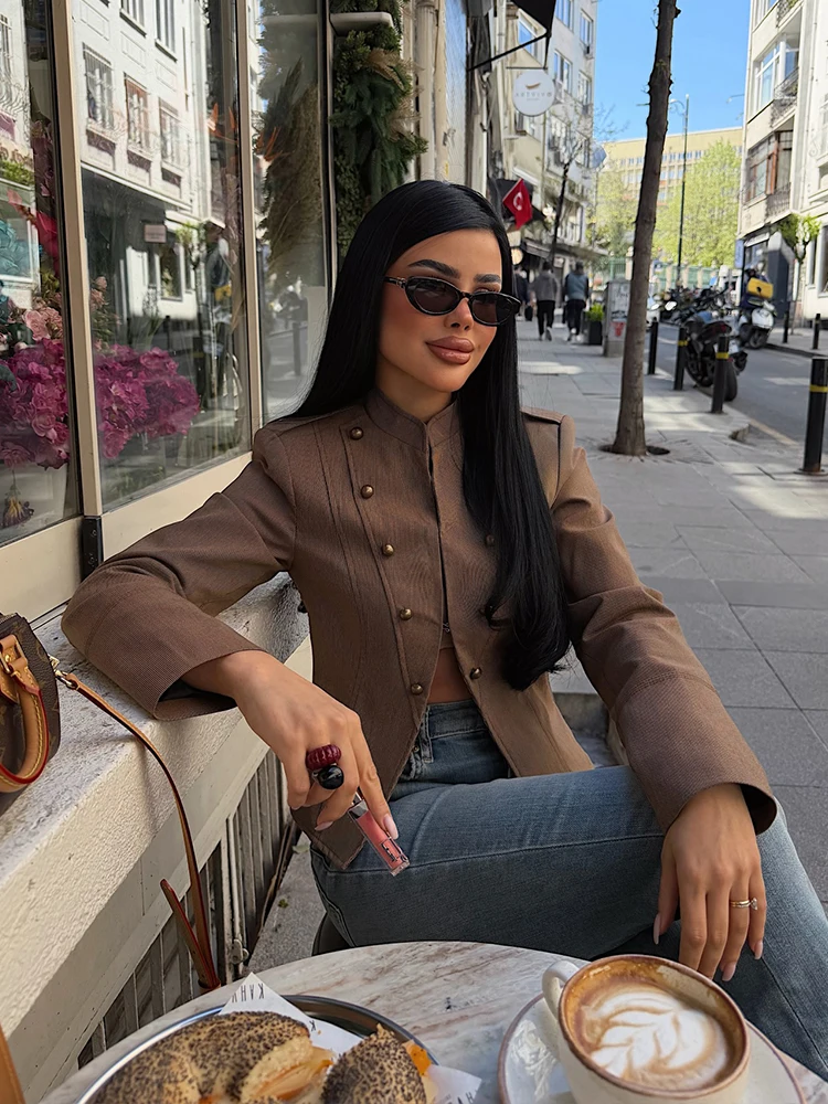 

Vintage Brown Stripe Crop Jacket Women Stand Collar Epaulet Double Decor Gold Buttons Slim Long Sleeve Women Casual Coat 260701