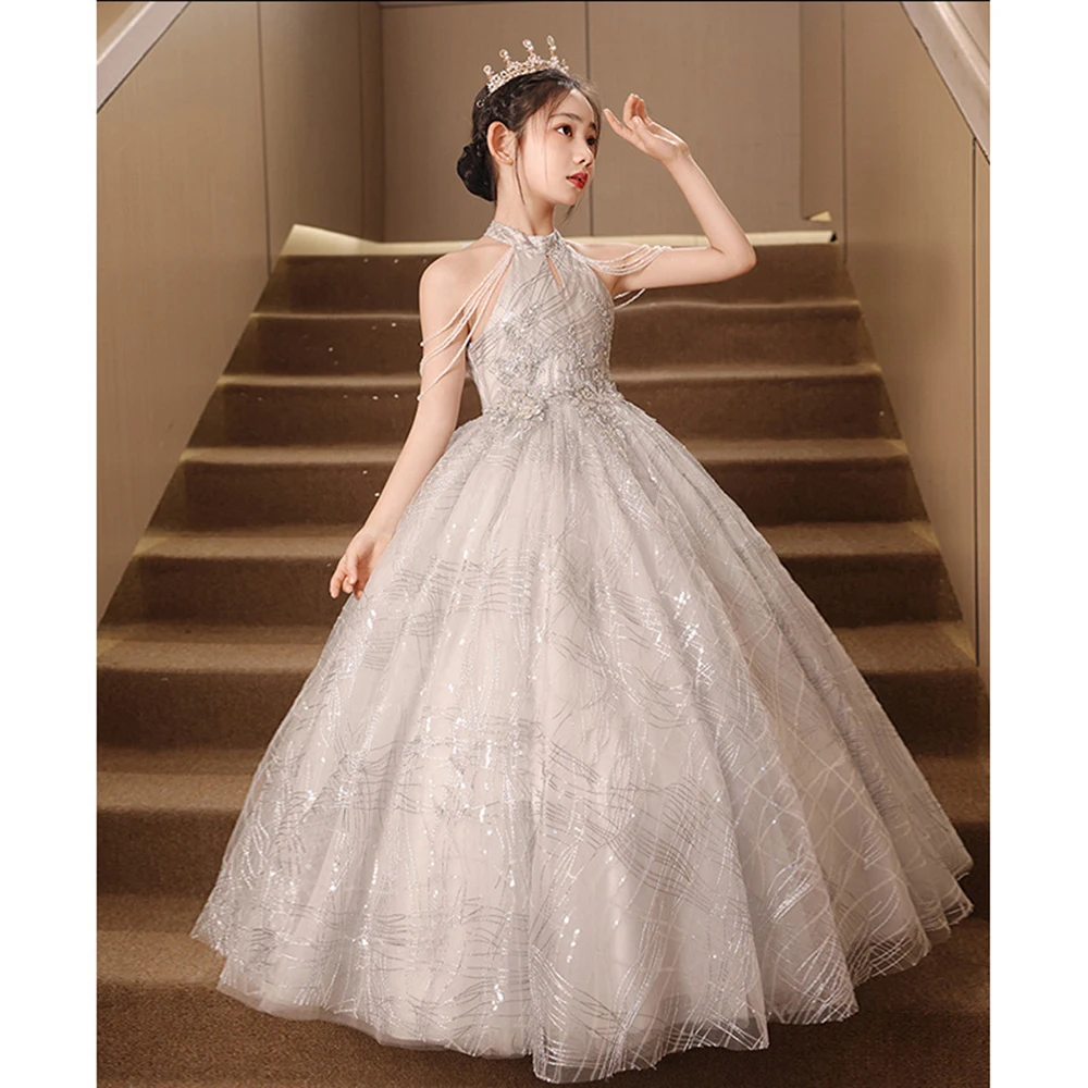 3-9T Girl‘s Princess Dress Shinning Light Luxury Halter Beading Off Shoulder Tassels Prom Gown Children's Performance Dresses