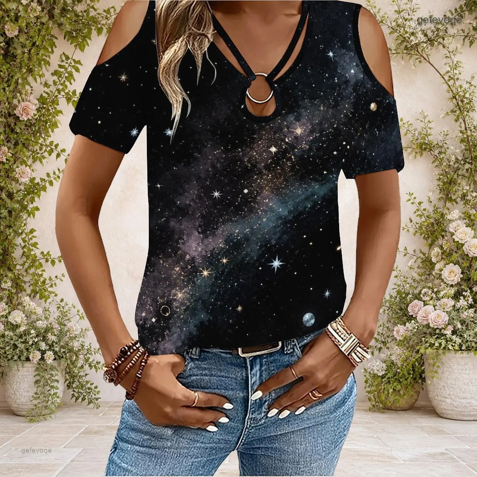 Women Cold Shoulder Short Sleeve T Shirt V Neck O Ring Keyhole Cutout Loose Casual Top Custom Print Ladies Daily Blouse