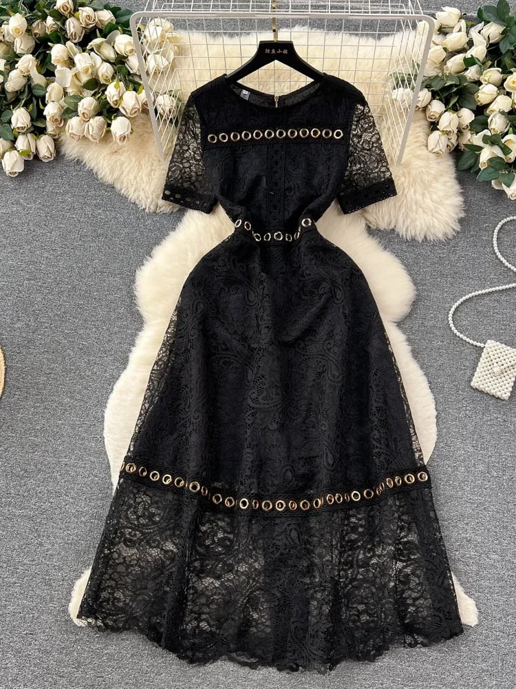 2023 Summer French Lace Dress Women Fashion Spliced Hollow Metal Ring Buckle Elegant White Dresses Ladies Vintage Party Dress