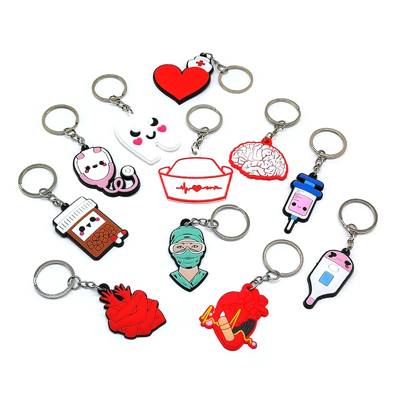 50PCS PVC Keychain Cute Designer Medical Series Tooth Syringe Stethoscope Keyring Custom Key Chain for Car Key Accessories Gift