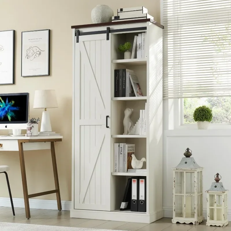 Grande armoire de rangement de ferme, grand garde-manger de cuisine avec portes de grange coulissantes et étagères réglables