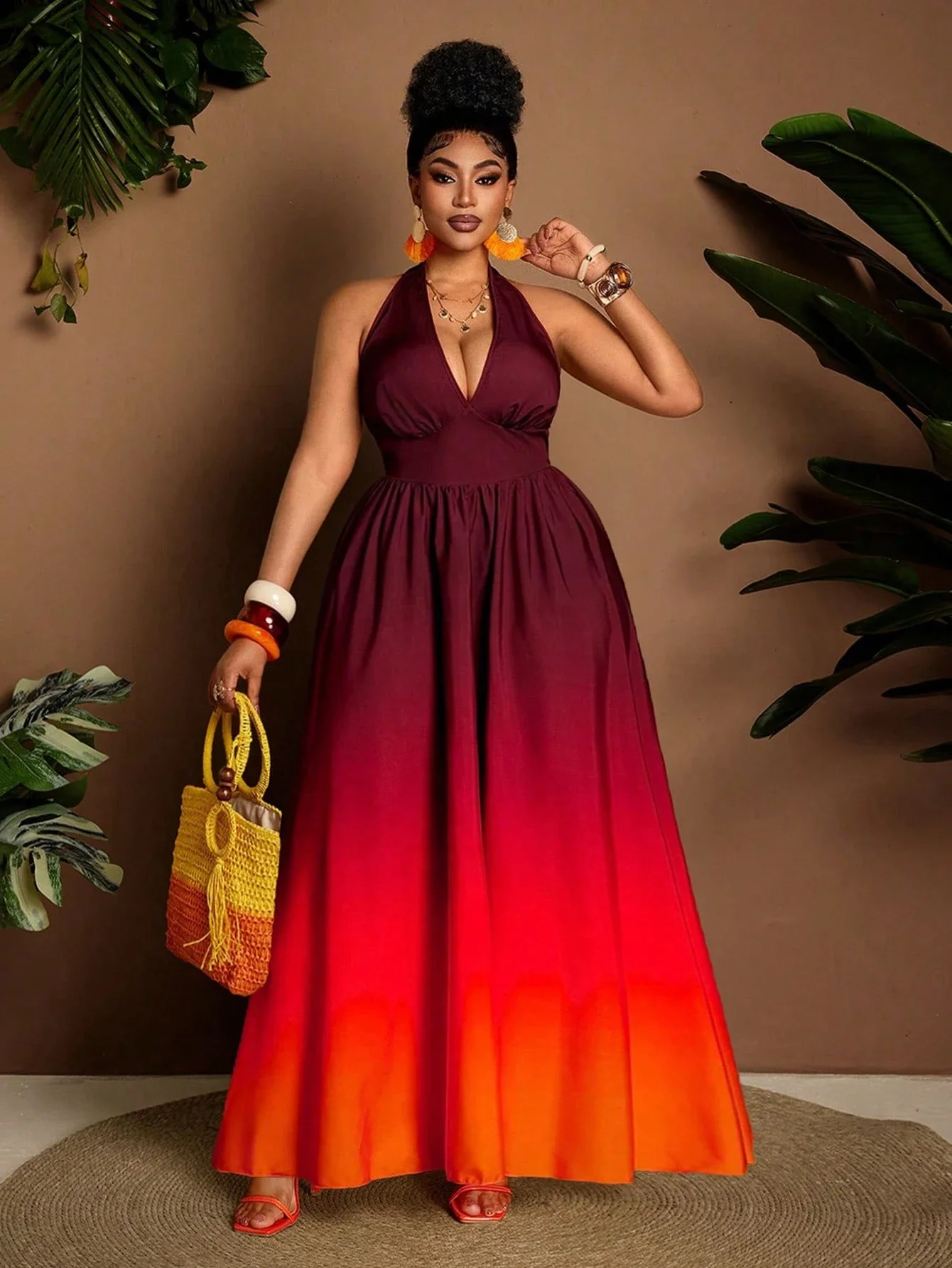 

Womens Plus Size Red Halter Off-Shoulder Maxi Dress With Elastic Waist, Ruched Detail, Flowy Hem For Summer Beach And Party Wear