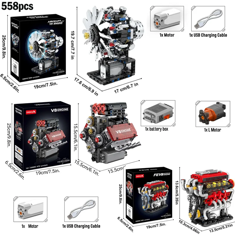 

Assembled Aircraft/Car V8 Engine MOC Building Blocks With Motor Drive Collection Model Ornament Small Bricks Puzzle Toys Gifts