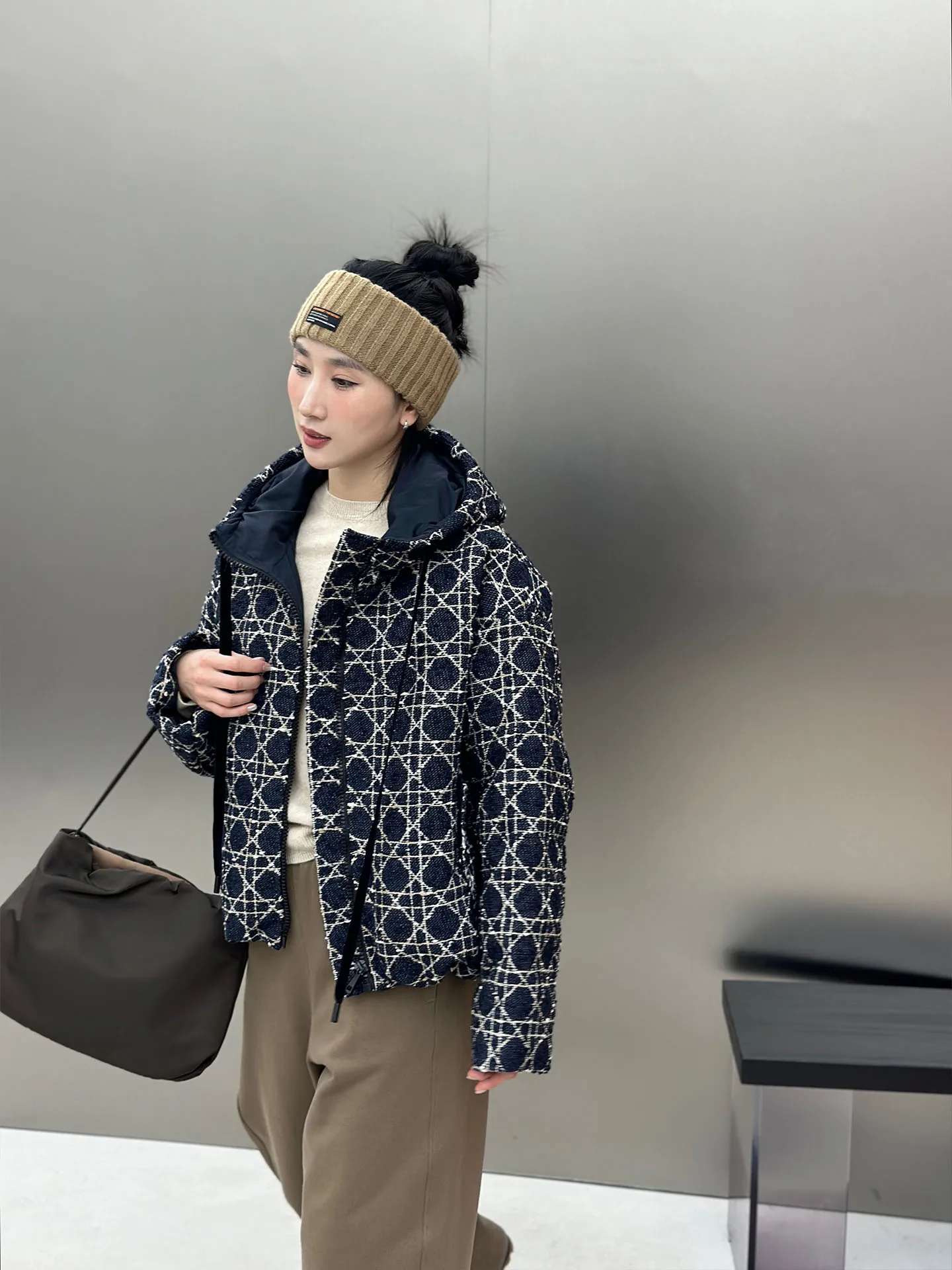 

Owl CICI Women's Casual Goose down Jaet 90% White Goose Feather Hooded Plaid Texture Winter Coat Warm Thiened Long Sve