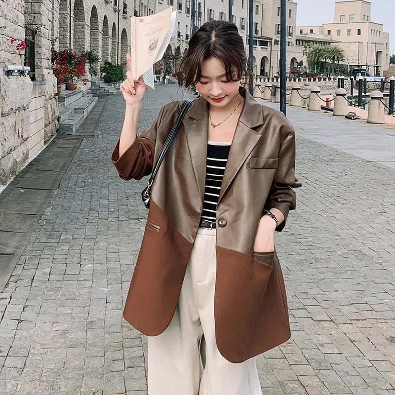 Coffee Colored Suit Leather Coat Women 2024 Spring Autumn New Style High-end and Fashionable Explosive Street Casual Jacket Top