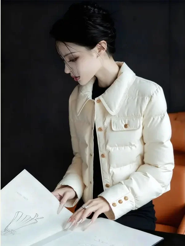 Fashionable White Cotton Jacket Short Style Turn-down Collar Korean Style Small Fragrance Wind Autumn Winter Women's Coat