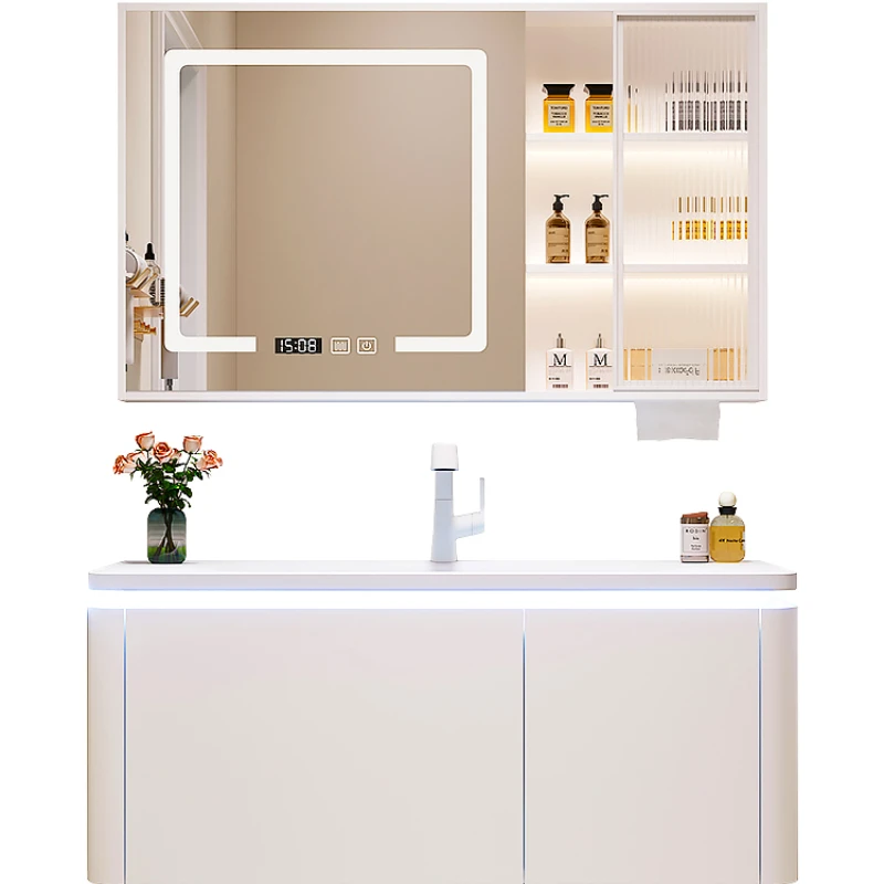 Oak Cream Style Ceramic Integrated Bathroom Cabinet Combination Rounded Corner Stone Plate Hand Washing Washbasin Bathroom Table