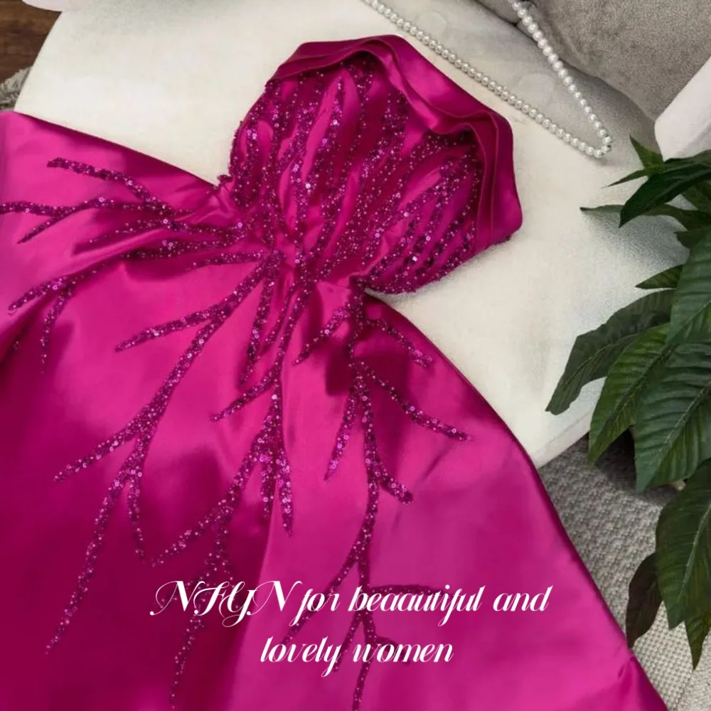 

NFYN Fuchsia Long Stain Strapless Party Dresses A Line Sequins Layer Night Dresses Pleats Sleeveless Evening Dress Customized