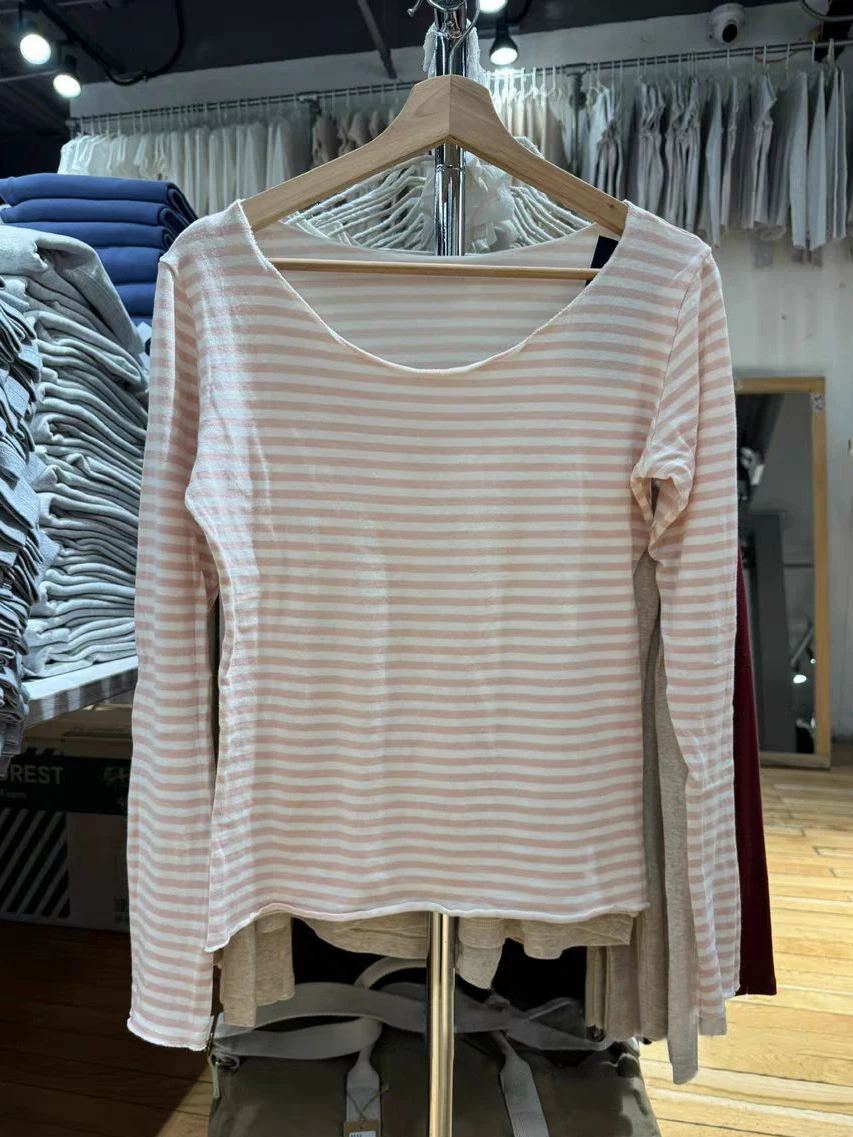 New Sweet Pink Striped Long Sleeve T-shirt Women Spring Cotton Raw Hem Slash Neck Slim Tee Tops Casual Preppy Style Y2K T shirt