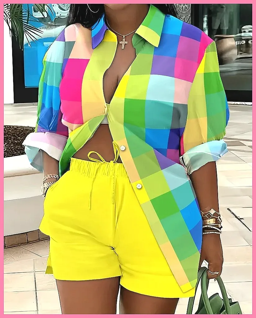 

2025 Fashion Women's 2-Piece Set: Printed Button Shirt & Casual Shorts, Streetwear Outfit