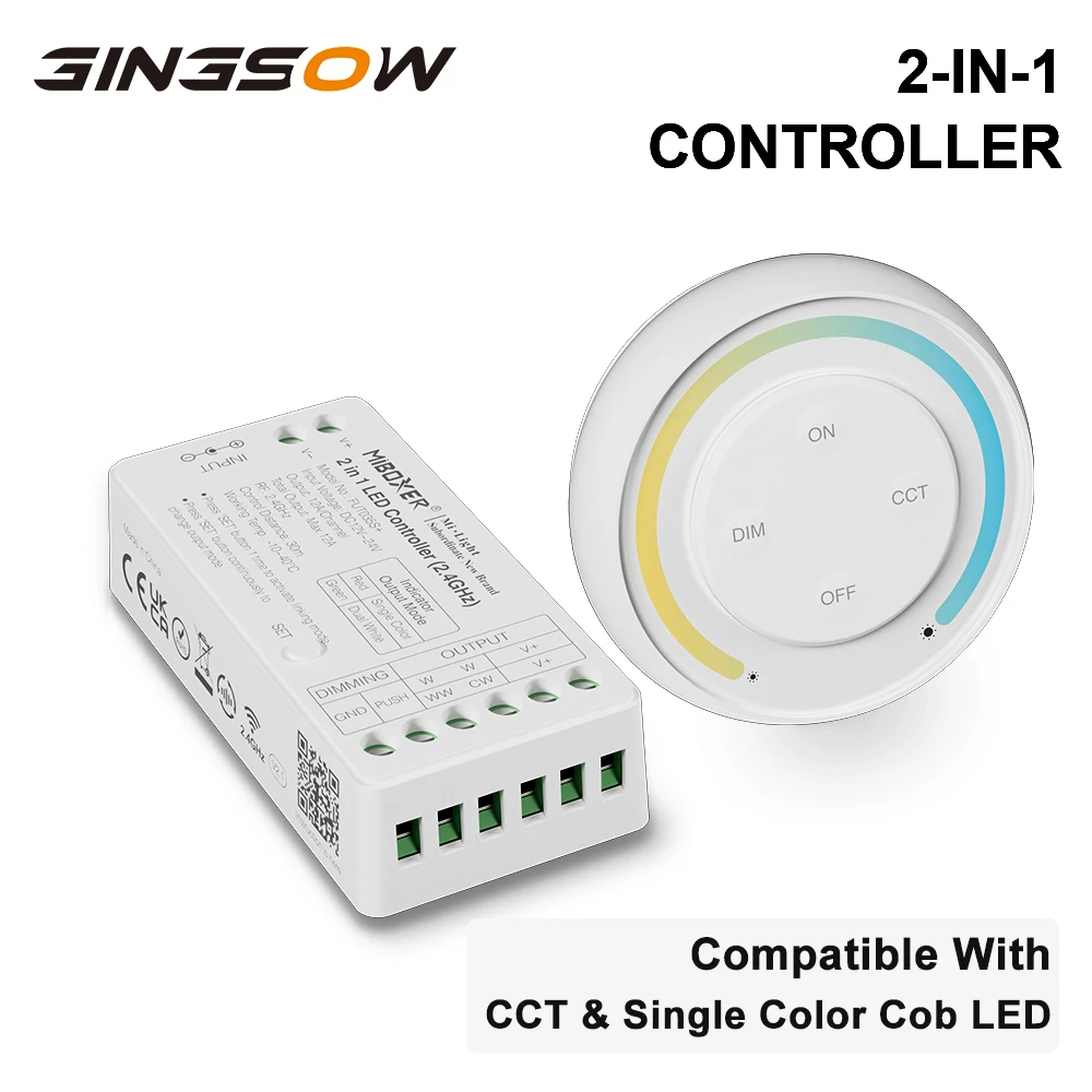 Gingsow 2-in-1 Single Color+CCT COB LED Strip Lights Controller+Dimmer Kit 2.4G RF Wireless Remote Control Max 288W Output