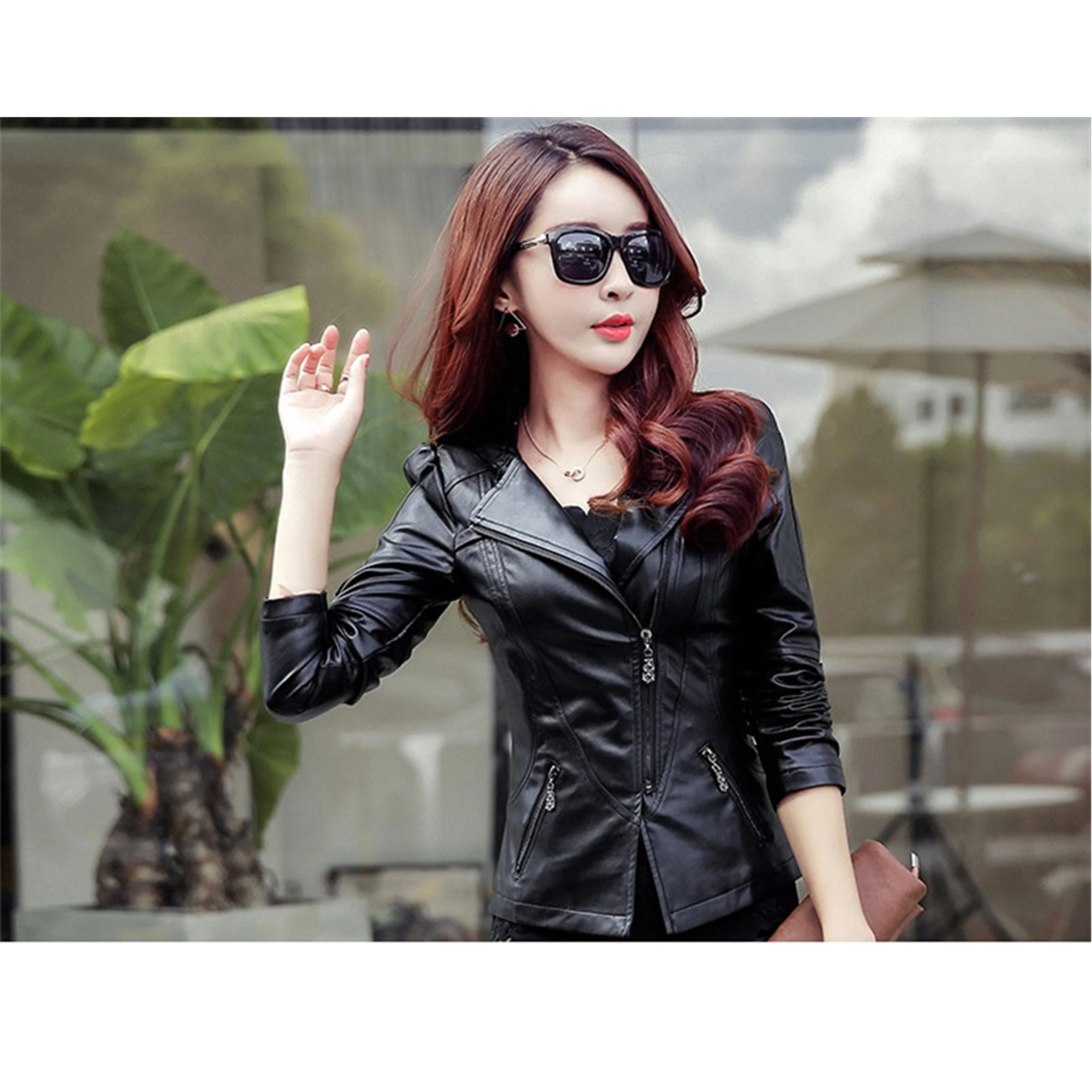 Fashion jaket kulit wanita, jaket sepeda motor hitam warna cerah, jaket pengendara sepeda motor kulit imitasi pendek wanita