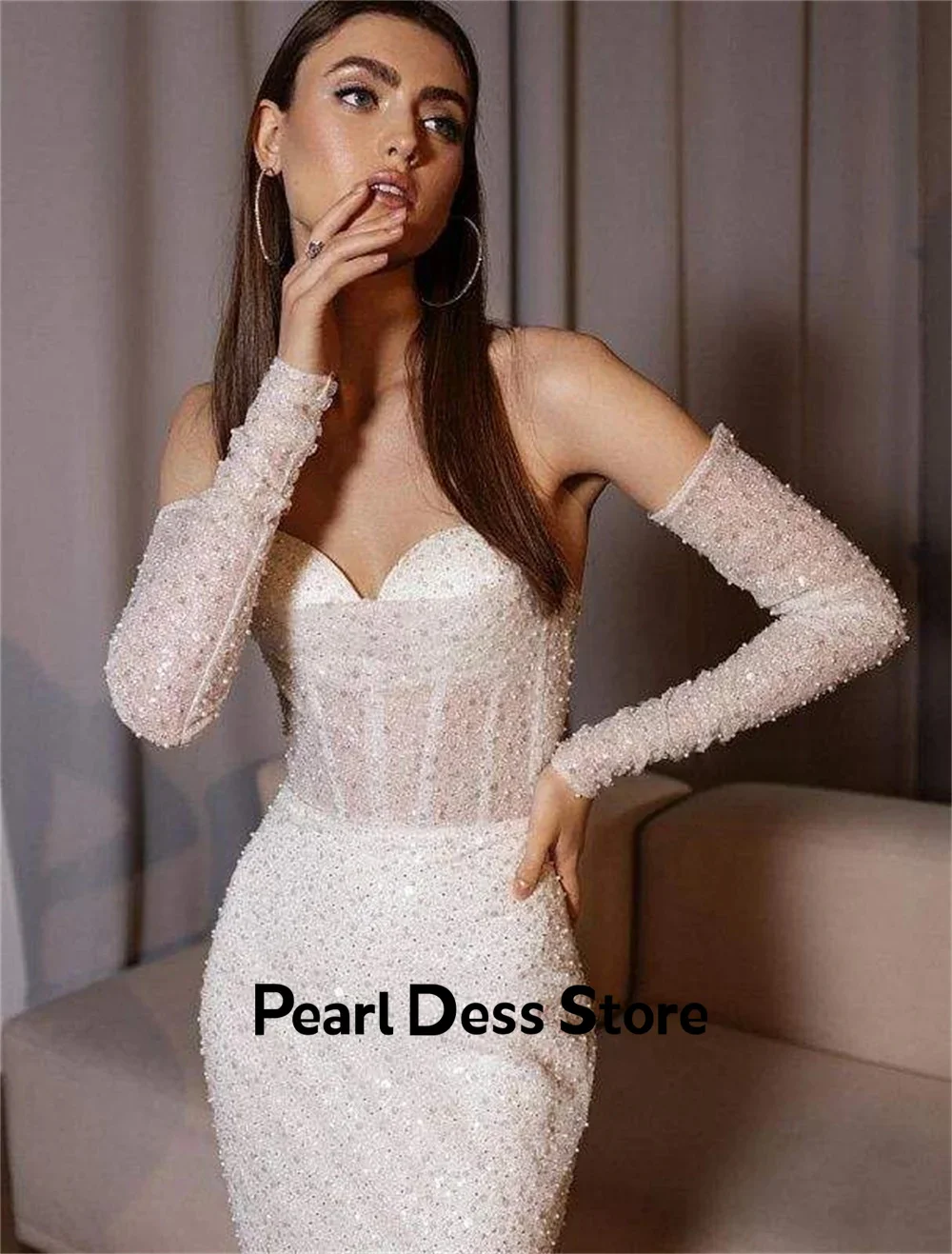 Pearl Fish Tail Evening Gown Shiny Off the Shoulders Elegant Party Dresses 2024 for Wedding Guest Dress Women Ivory White Prom