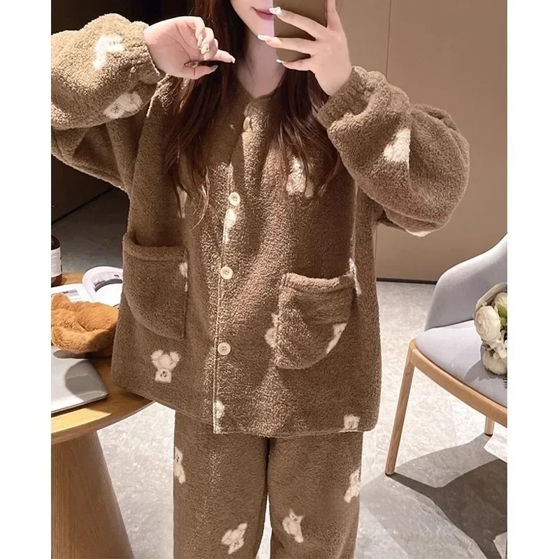 2Pcs/set women\'s pajamas winter coral fleece thickened warm students homewear V collar bear winter warm clothes young girls clot