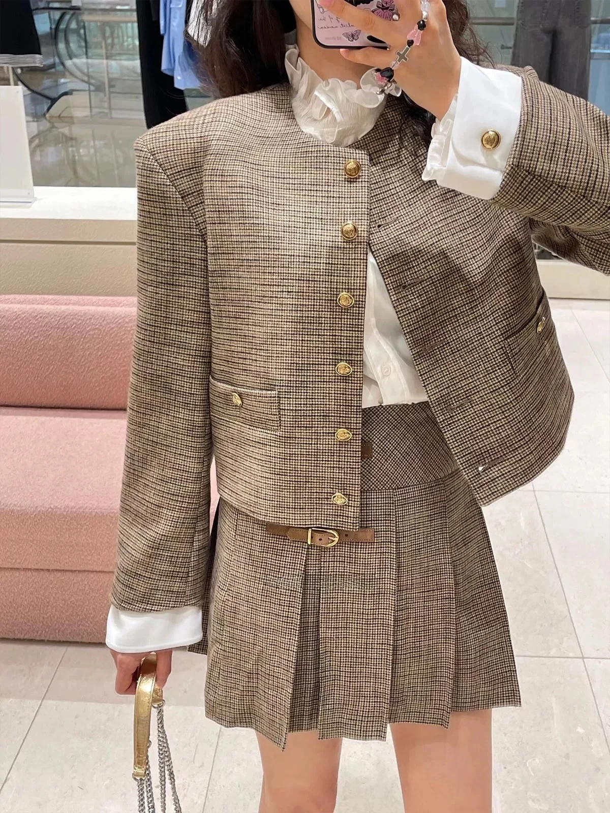 

S Home 2024 Autumn Winter Plaid Suit Jacket And Skirt Set Half Skirt Patterned Outerwear Fashionable Women's Ensemble