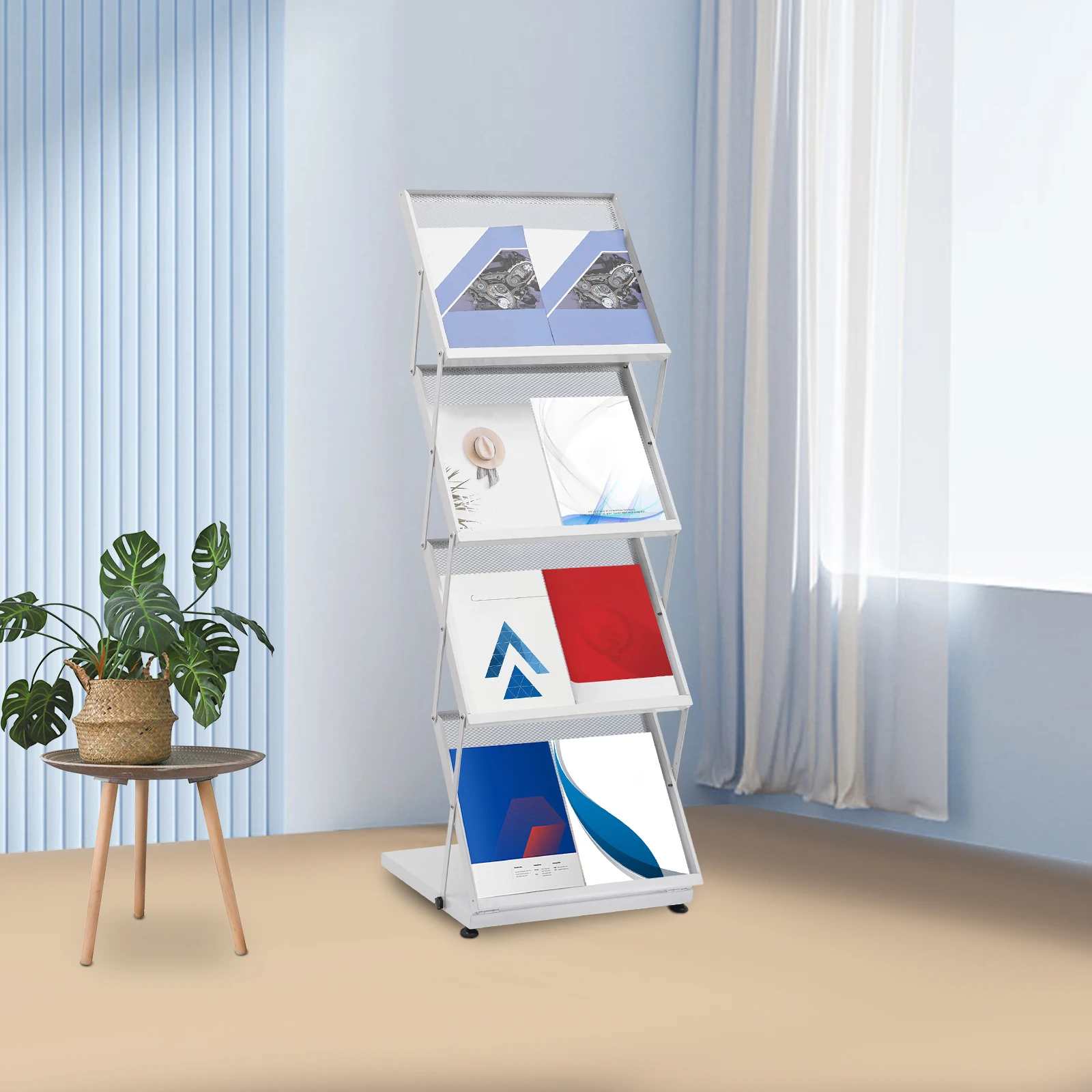 Foldable Magazine Stand 4-Tier Brochure Display Rack Floor Standing Modern Iron A3 Book Shelf