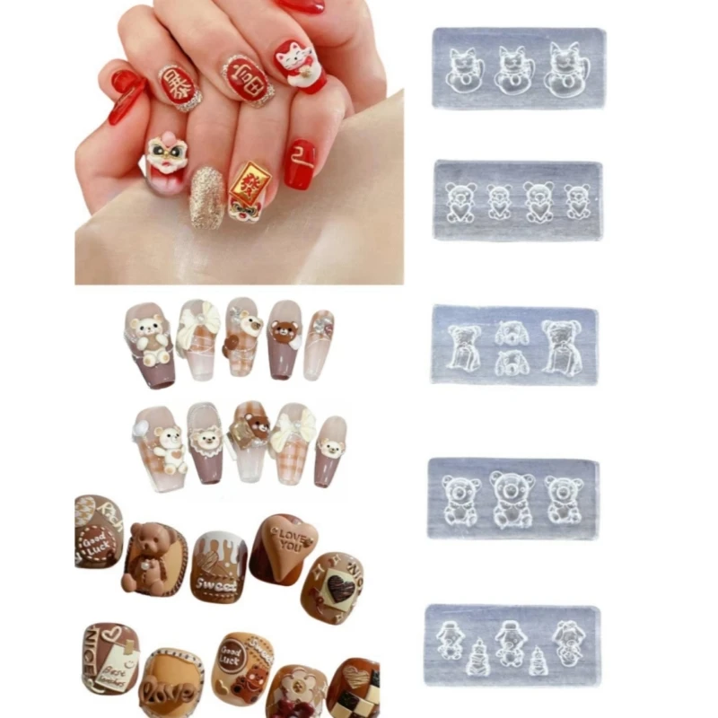 5Pcs 3D Silicone Pressing Mold DIY Nail Art Reusable Multi Style Combination Kawaii Versatile Love Bow Nail Beauty Charm