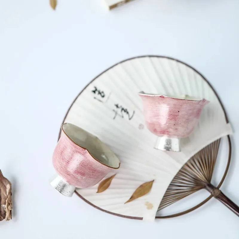 Handmade Ceramic Tea Cup Distant Mountain Flower Mouth Cherry Blossom Powder Masters Cup Light Luxury Gilded Silver Tea Cup