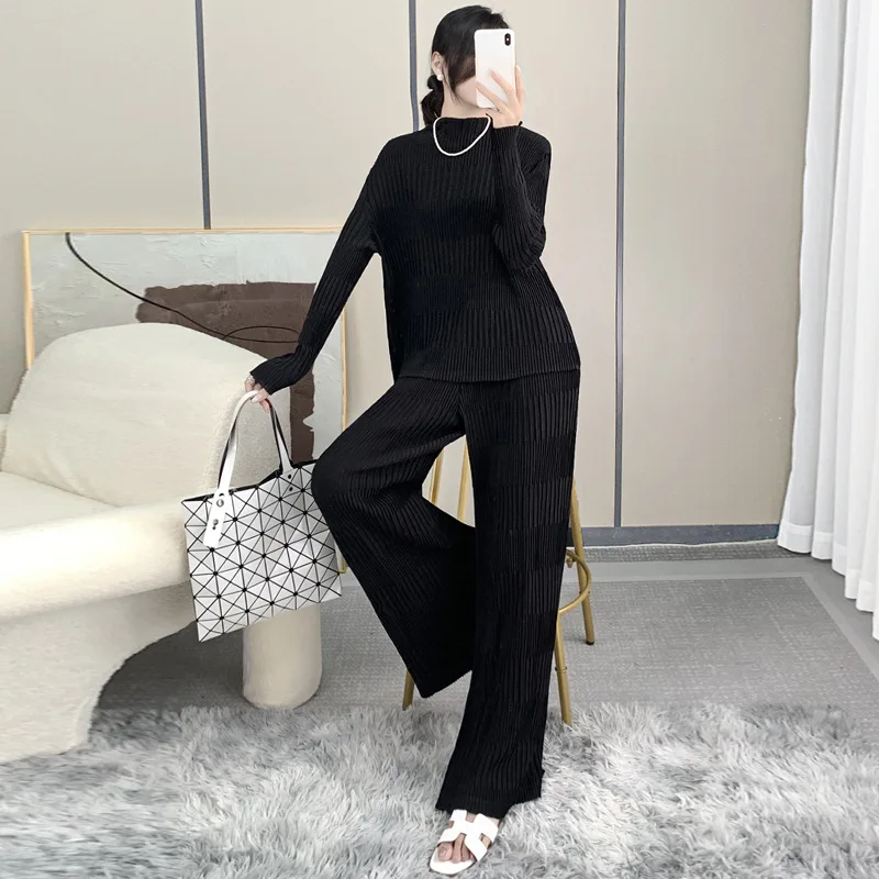 Miyake Pleated Loose Round Neck Top Black Wide Leg Pants Two-piece Fashion Casual Korean Women's Pants Set