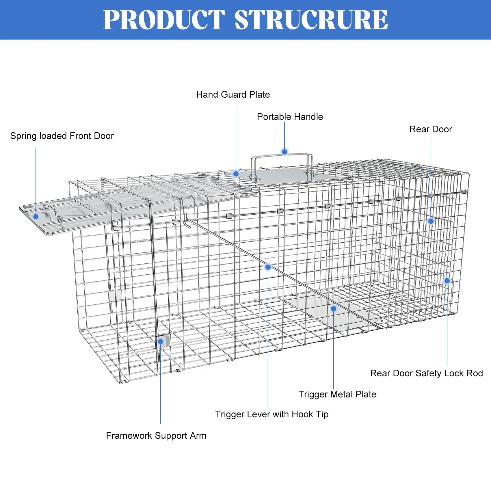 Animal Cage Trap Humane Live Trap for Cats, Rabbits, Raccoons Galvanized Iron Folding Trap with Handle, Squirrel & Ground