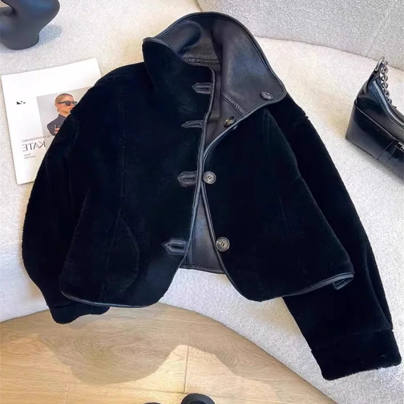 Bla Leder Pelz Ort Kragen Jaet Thiened Herbst Winter American Sle Damen Loose Fit Polyester Faser Mantel Top