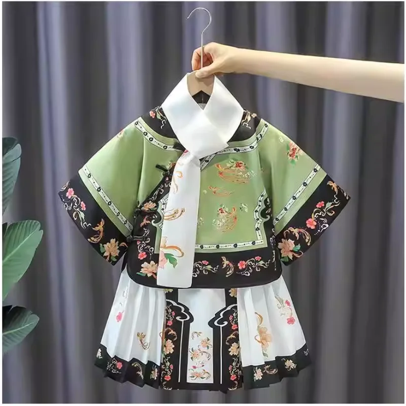 

Китайское клетчатое платье для девочек в стиле династии Цин, комплект с юбкой-ципао принцессы