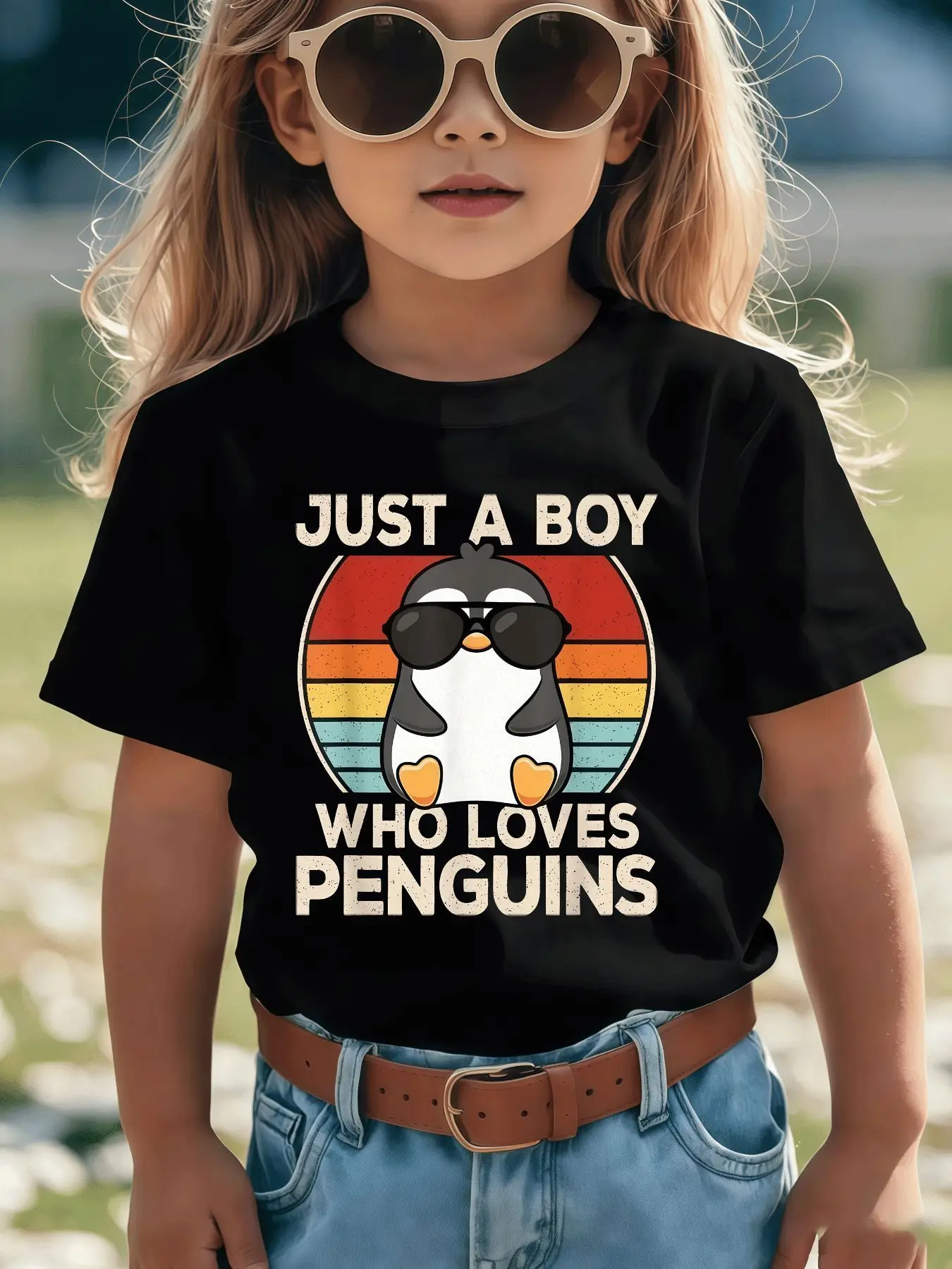 Just A Boy Who Loves Penguins Retro Cartoon Animal Graphic Print Family Matching Short Sleeve Tee Boys Girls Kids Casual Tops