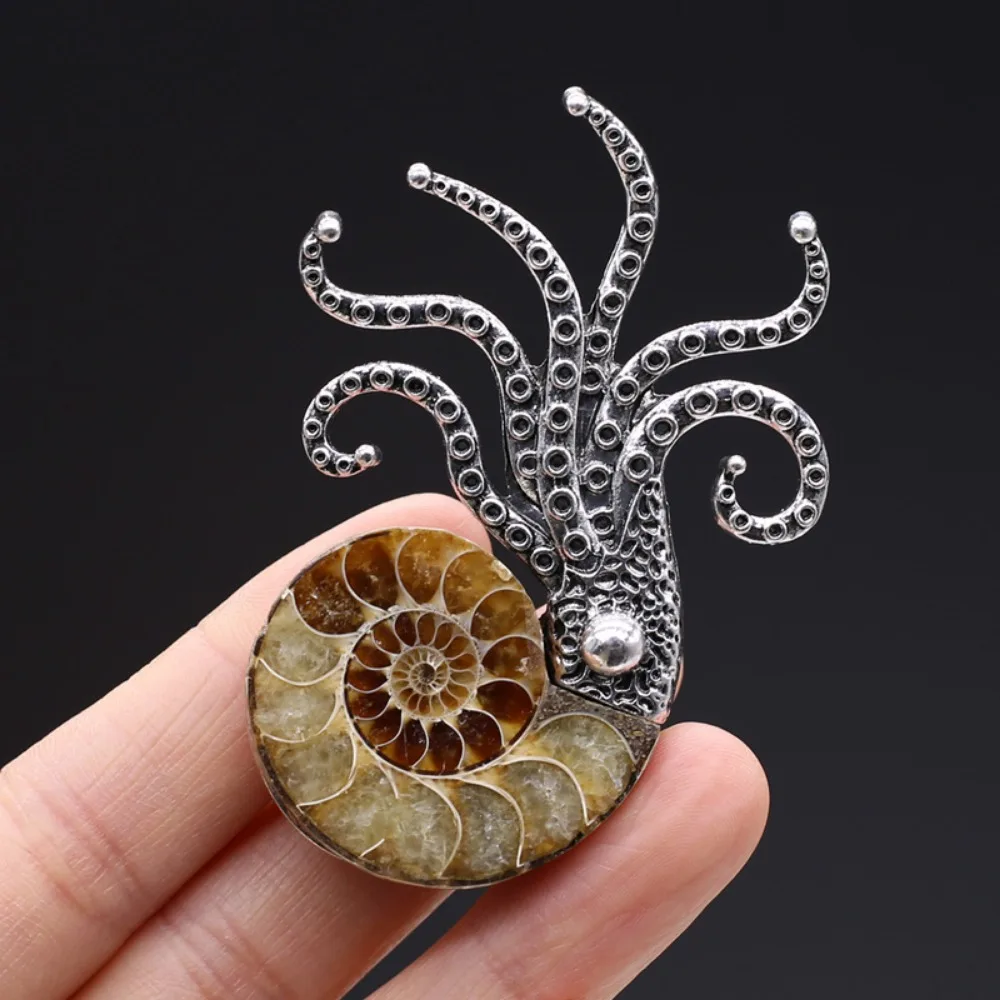 Natural Conch Ammonite Half Cut Shell Octopus Apparel Pin Coat Dress Clothes Decoration Reiki Healing Crystal Mineral Craft