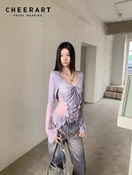 CHEERART Purple Goth Lace Flare Sleeve Blouse Women Corset Lace Up Tunics Long Sleeve Top V Neck Blouse Autumn Fall Clothes