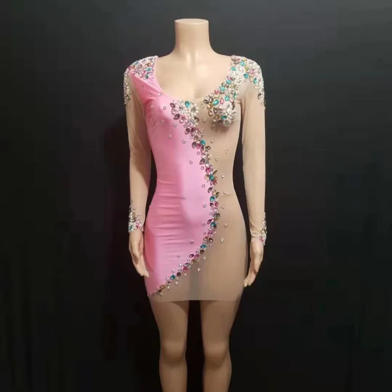 

Patchwork Color Crystal Sexy Short Prom Dress Party Sexy Club Women's Dress