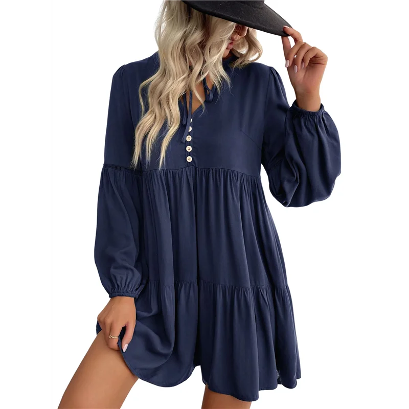 فساتين قصيرة بأكمام طويلة للنساء، رقبة على شكل V، فستان خريفي كاجوال فضفاض مناسب للنساء، فستان بوهو للعطلات، أزرق كحلي M