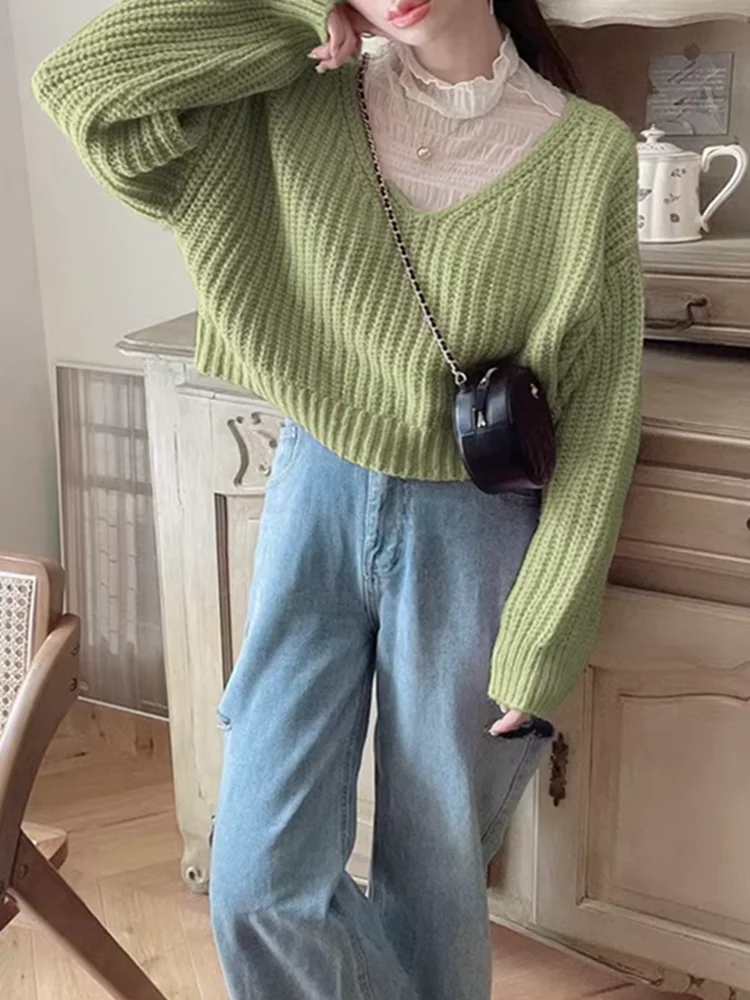 

Loose Knitted Sweater V-Neck Thick Yarn Simple Design Sensation Youthful Atmosphere Women's Sweet Style Pure Color Long Sleeve