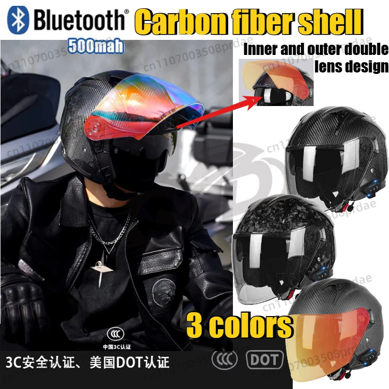 Carbon Fiber 3/4 Open Face Motorcycle Helmet Bluetooth Built‑In Three Lens Motorbike Scooter Cruiser Street Riding Safety Helmet