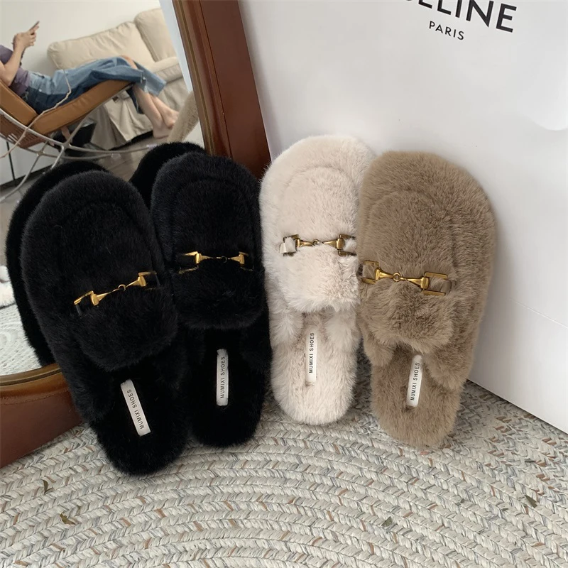 Winter Warm Plush Mules Women One Band Fur Slippers Cozy Cotton Shoes Woman Flats Cover Toe Fleeces Slides Femme Wool Pantuflas